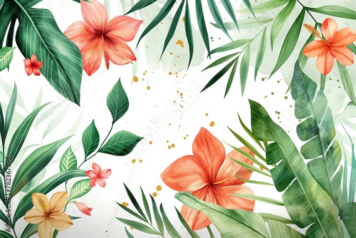 Tropical Watercolor Floral Background with Lush Greenery and Vibrant Flowers