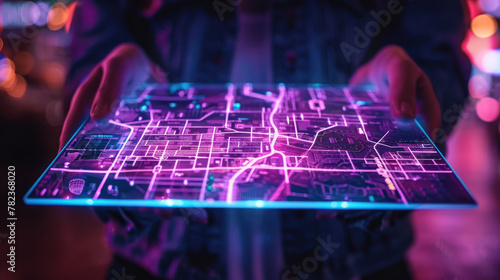 Forward-looking technological scene of a person using a vibrant holographic map panel in an urban setting