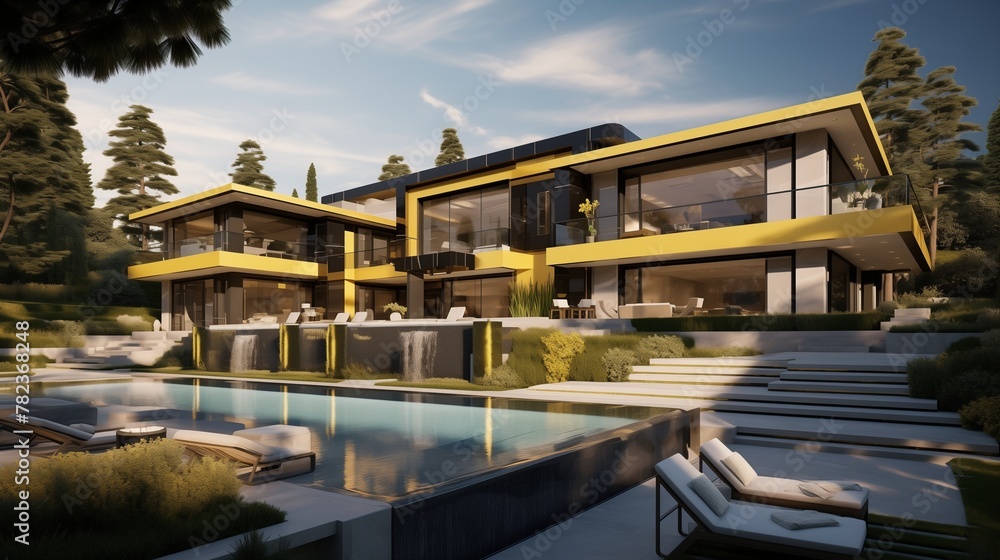 A luxury mansion with yellow accents, its contemporary design and expansive windows offering panoramic views of the surrounding landscape, defining modern elegance and sophistication