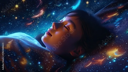 Serene Cosmic Slumber: Asian Woman Floating in Deep Space Generative AI