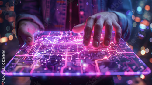 Hands engaging with a 3D holographic virtual technology cityscape, showcasing the merge of physical and digital worlds