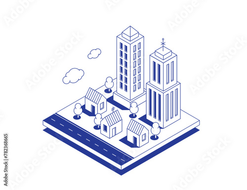 Isometric map of a city district or neighborhood, suburban area with buildings, houses and skyscrapers. Modern design template. Vector illustration in linear isometric style