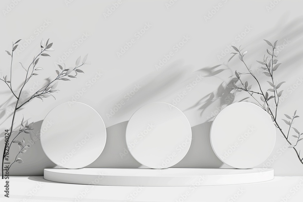 Minimalistic mockup with three podiums for presenting cosmetic products goods advertising design sale text and display against a white backdrop