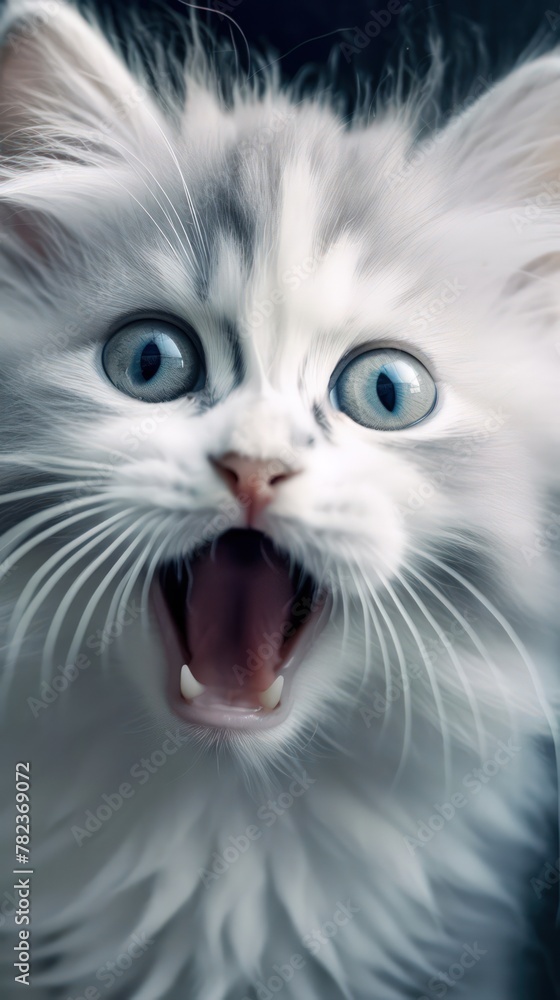 Adorable Pygmy Cat Kitten with Open Mouth on Desktop Generative AI