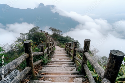 Mystical Stone Pathway Leading Up a Mountain Surrounded by Clouds  Capturing the Essence of Adventure and Exploration.