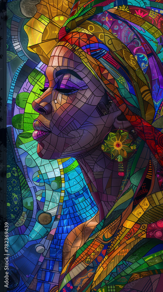 Vibrant stained glass mosaic artwork of a woman's profile