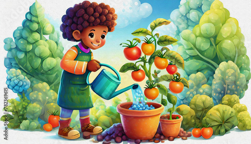 oil painting style CARTOON CHARACTER CUTE baby girl watering the tomatoes plants, isolated on white background