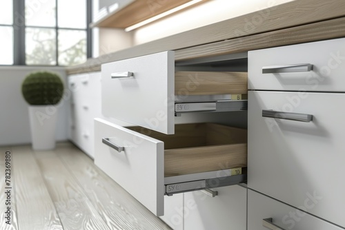 Open drawer in wall mounted filing cabinet business administration concept