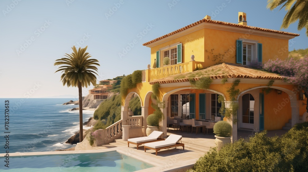 A Mediterranean villa with lemon-yellow walls and terracotta tile roof, overlooking a sparkling azure sea under the warm sun