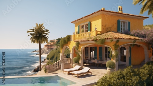 A Mediterranean villa with lemon-yellow walls and terracotta tile roof, overlooking a sparkling azure sea under the warm sun