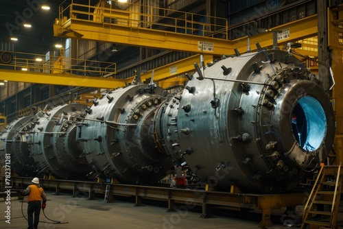Industrial Worker Inspecting Massive Metallic Machinery at a Heavy Equipment Manufacturing Plant, Highlighting Industrial Engineering.