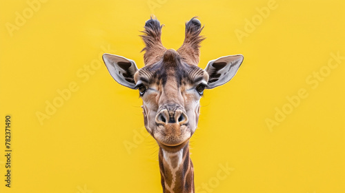 Studio portrait of surprised giraffe, isolated on yellow background © Alexander