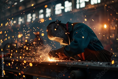 Industrial Worker Using Welding Equipment on Metal, Highlighting the Concept of Skilled Manufacturing Labor.