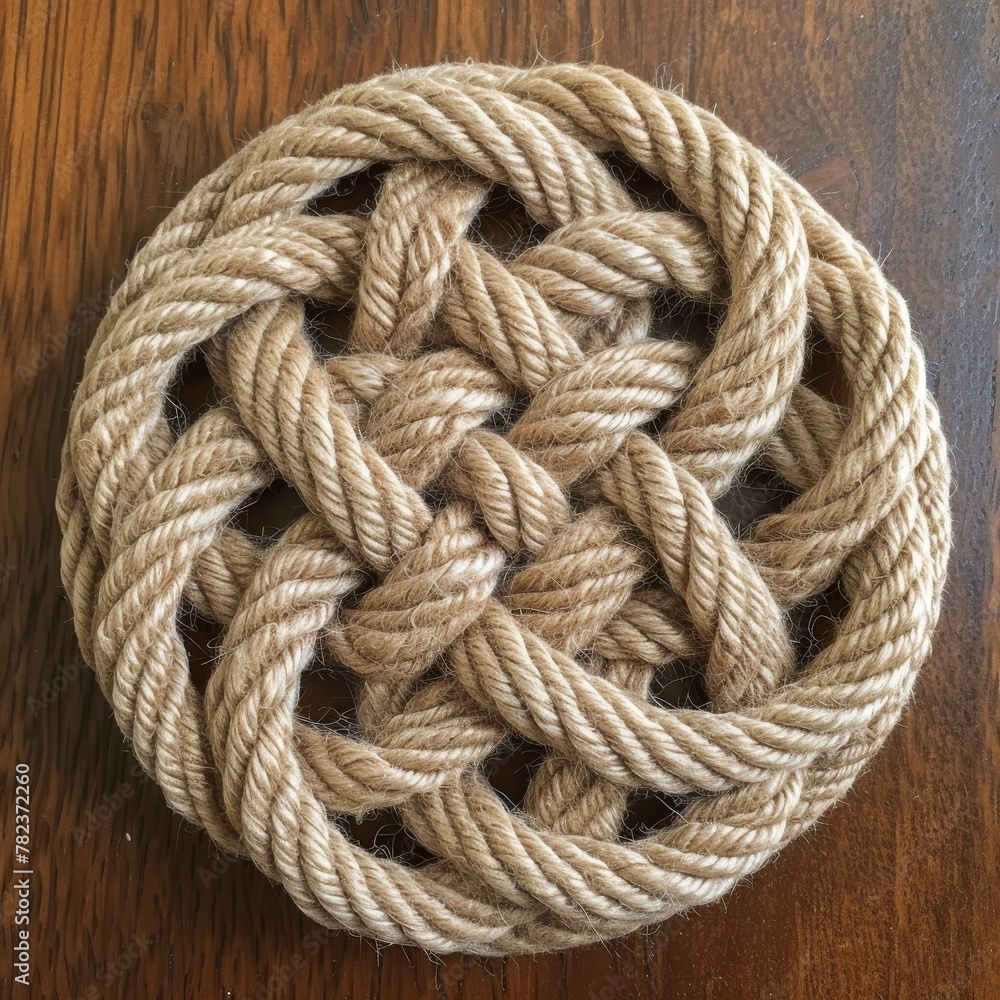 Detailed Top View of a Linen Rope Woven Coaster, Showcasing Handcrafted Texture and Delicate Design Concept.