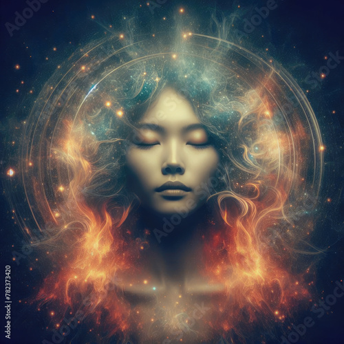 Young Asian woman with closed eyes is in meditation