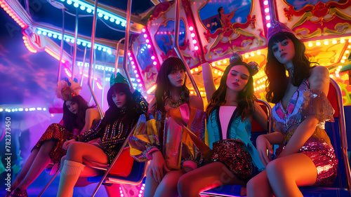 Vibrant Neon Carnival: Fashionable Women at Nighttime Amusement Park