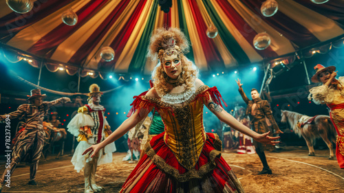 Victorian Circus Performer in Vibrant Costume at Festive Tent Show