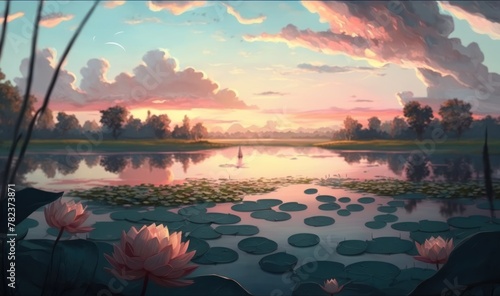 Serene Water Lily Pond Sunset Landscape Generative AI