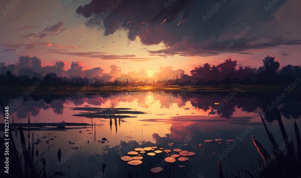 Serene Pond Landscape with Water Lilies and Sunset Sky Generative AI