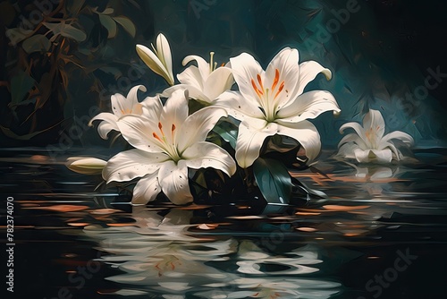 Serene Floral Sanctuary  White Lilies Floating in a Tranquil Pond Generative AI