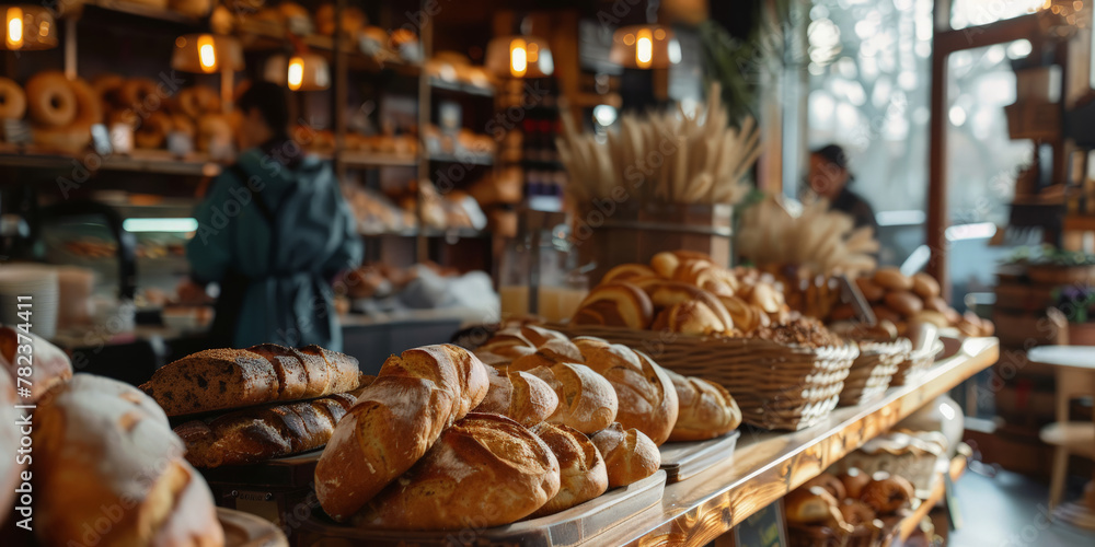 Bright and modern bakery shop interior displaying a vast selection of bread, from baguettes to whole grain loaves, under warm pendant lighting Bright and modern bakery shop interior displaying a vast selection of bread, from baguettes to whole grain loaves, under warm pendant lighting