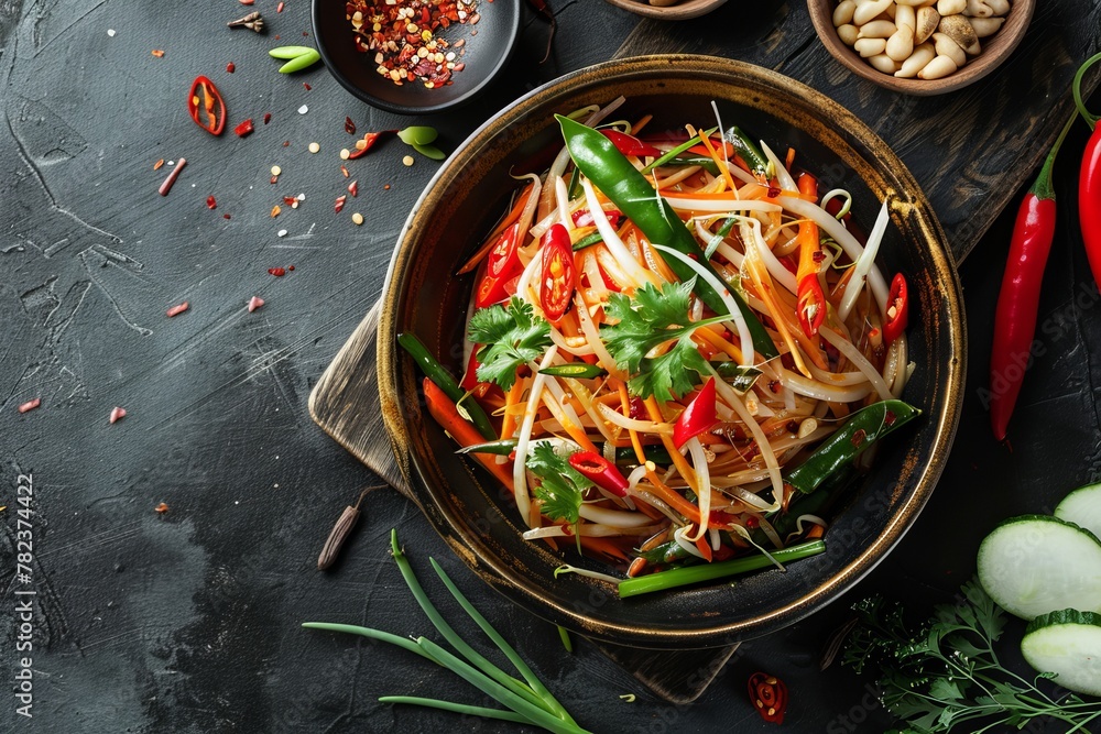 Thai papaya salad with yardlong bean herbs viewed from above Thai papaya salad with yardlong bean herbs viewed from above