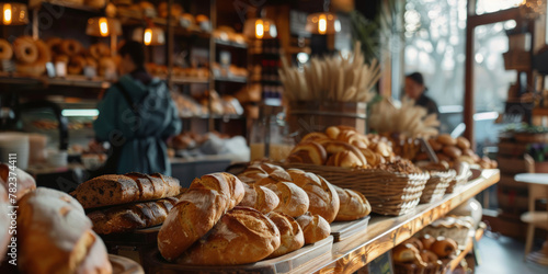 Bright and modern bakery shop interior displaying a vast selection of bread, from baguettes to whole grain loaves, under warm pendant lighting