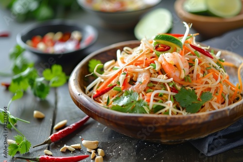 Thai rice noodle salad with pickled fish sauce served on wood table photo