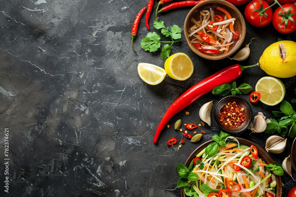 Thai style spicy Papaya Salad with props on stone background Thai style spicy Papaya Salad with props on stone background