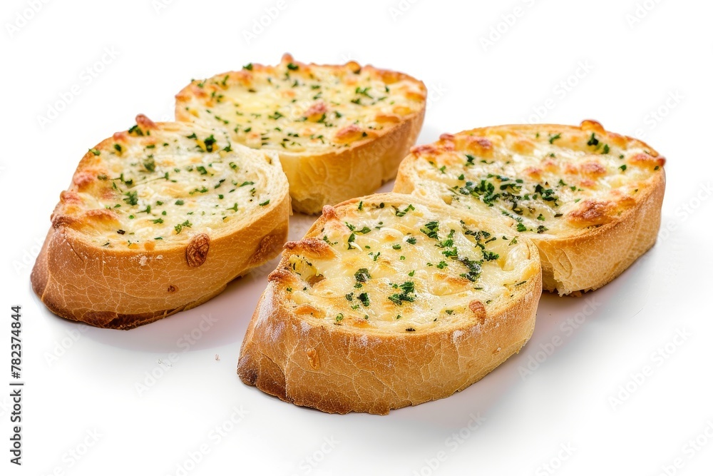 Three garlic cheese bread slices on white background Three garlic cheese bread slices on white background
