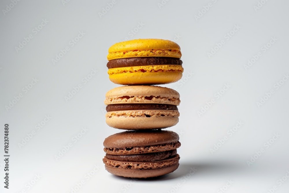 Three macarons stacked vertically on a bright white background with a yellow one leaning inward - obrazy, fototapety, plakaty 