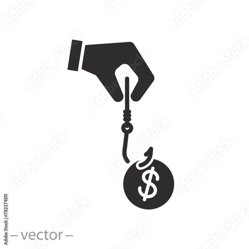 financial trap icon, money bait, dollar coin on hook, business fishing concept, flat symbol on white background - vector illustration
