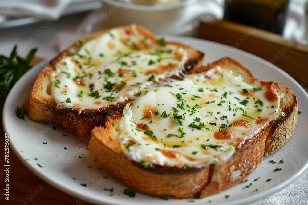 Toasted bread with melted cheese on plate Toasted bread with melted cheese on plate