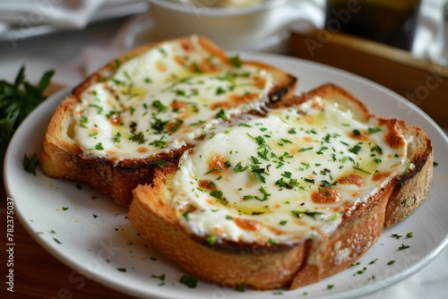 Toasted bread with melted cheese on plate