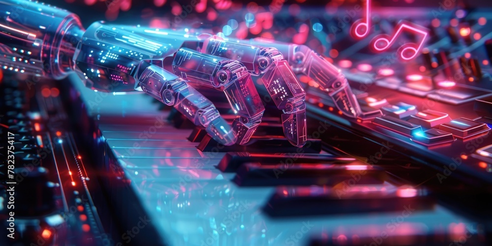 Detailed view of a keyboard covered in musical notes, showcasing a creative and musical concept. Detailed view of a keyboard covered in musical notes, showcasing a creative and musical concept.