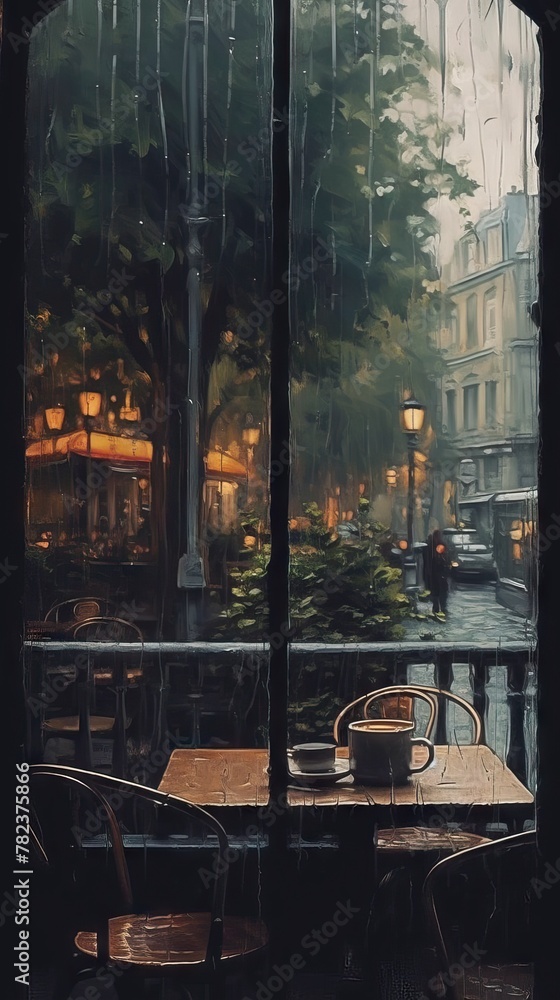 Cafe Interior on Rainy Day Generative AI