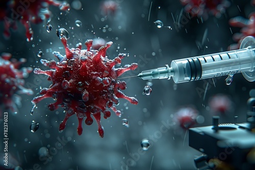 A syringe injecting a virus into a cell in the darkness photo