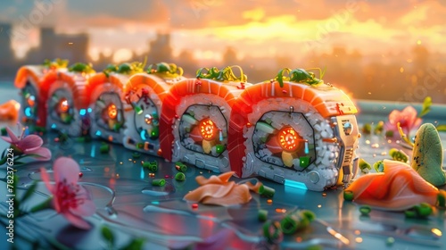 Robotic Sushi Rolls Dazzle Under Warm Sunset Hues Blending Culinary and Technological