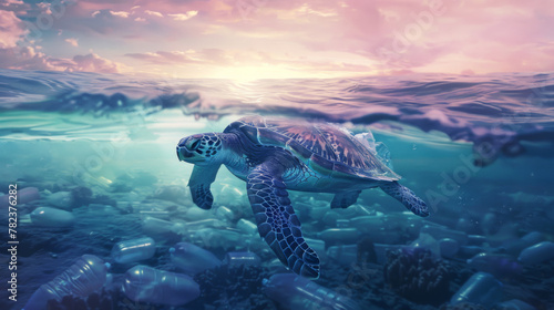 A turtle swims amid plastic pollution in ocean waters. © HelenP
