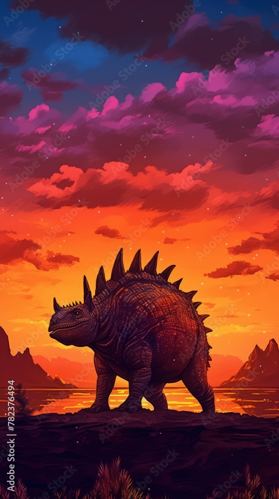 Fototapeta premium Stegosaurus in Orange Sunset Generative AI