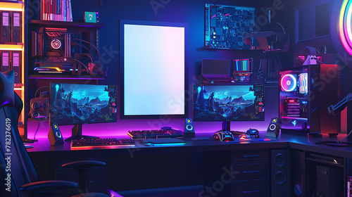 A blank poster mockup on a gamera??s desk, with a high-performance gaming PC, multiple monitors, and RGB lighting casting vibrant colors across the dark room. 32k, full ultra hd, high resolution photo