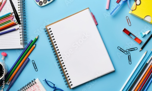 A blank notebook surrounded school supplies