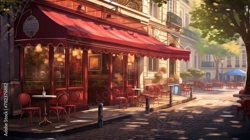 A quaint cafe with ruby-colored awnings, inviting patrons to enjoy a cup of coffee amidst charming surroundings. photo