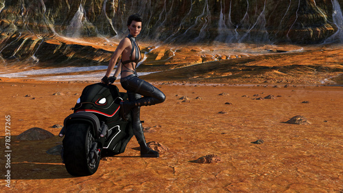 Illustration of an exotic woman wearing a leather outfit leaning against a futuristic motorcycle on an alien world.