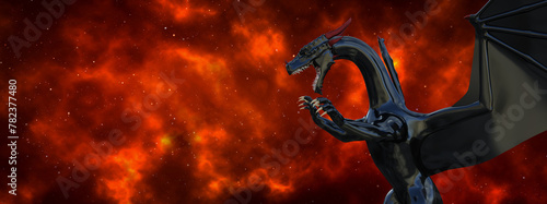 Illustration of a black fierce dragon with open mouth and claws up in the foreground with a fiery space nebula in the background.