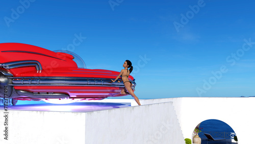 Illustration of a young woman leaning on a bright red flying saucer at a resort with blue sky in the background.