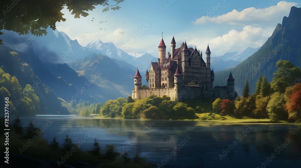  A regal castle, its turrets painted in deep ruby, overlooking a serene lake surrounded by lush greenery. 