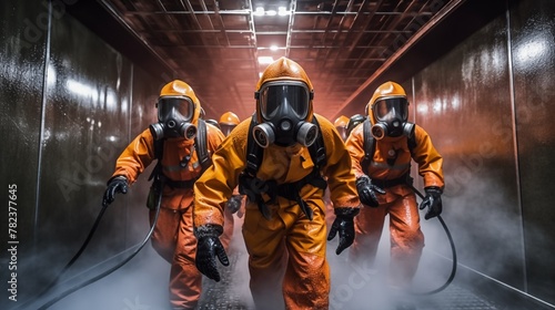 Onboard firefighting crew, part of an emergency response team, equipped for rapid intervention in fire-related incidents aboard ships and vessels.
