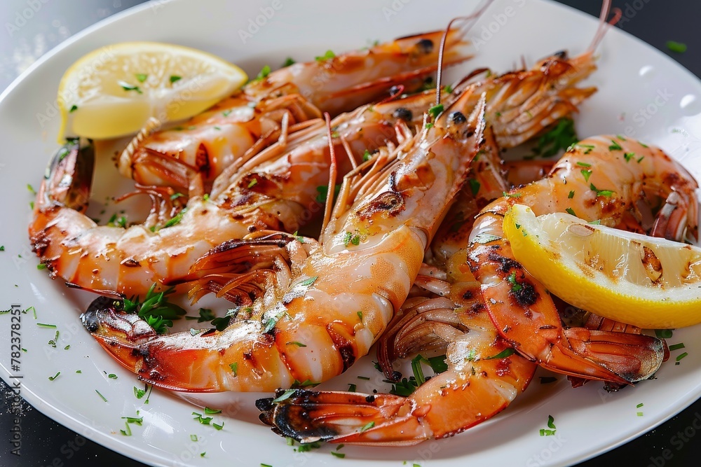 Grilled shrimps with lemon on white dish Grilled shrimps with lemon on white dish
