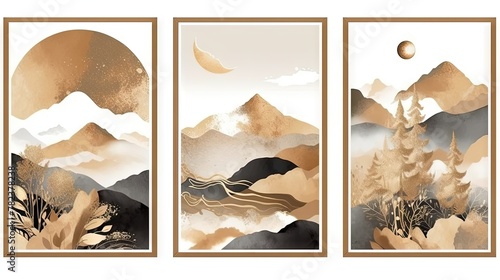 Serene Mountain Landscape with Watercolor and Gold Accents Generative AI